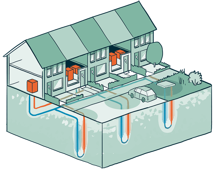 Isometrische illustratie van een woonwijk met miniwarmtenet